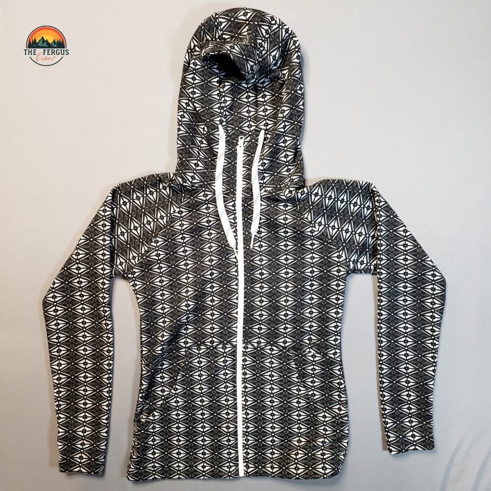 Kavu Full Zip Hoodie Black White Geometric Long Sleeve Pockets Women's XS